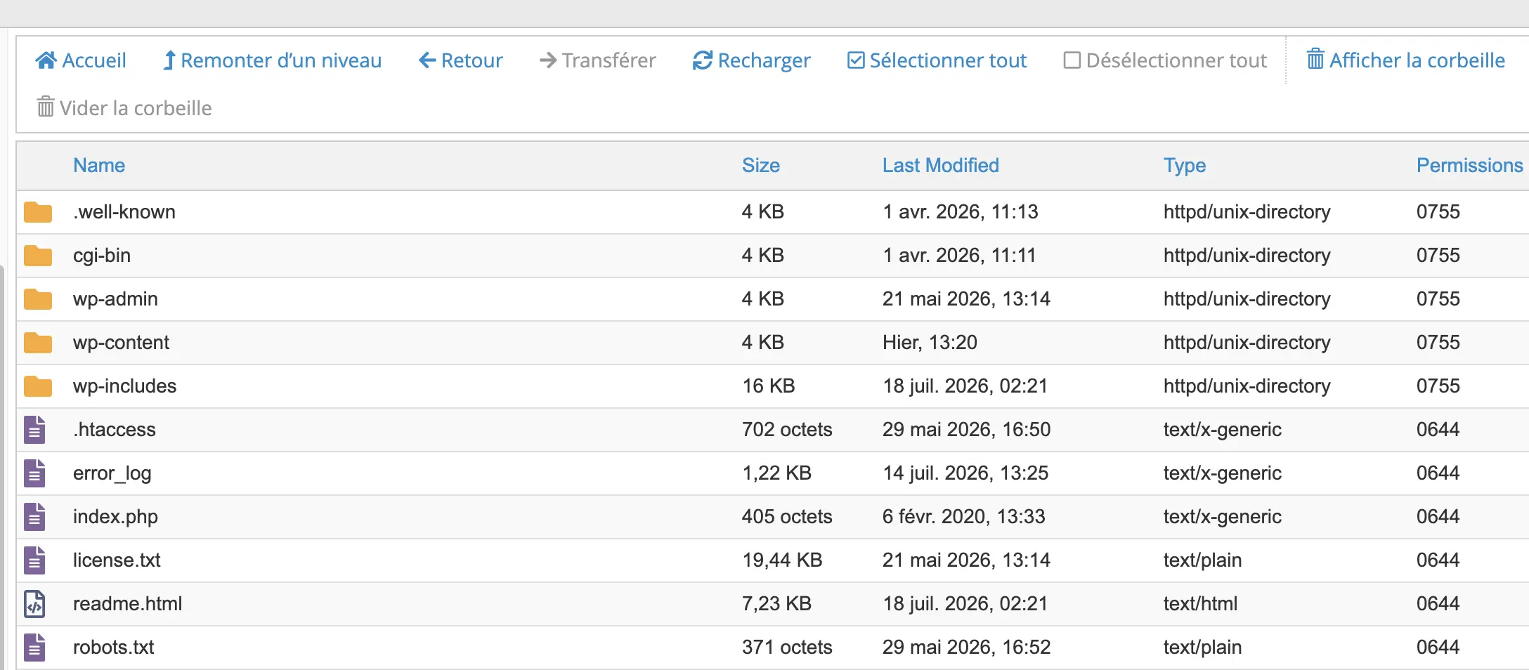Fichier robots.txt à la racine du site dans un client FTP, au même niveau que les dossiers wp-admin, wp-content et wp-includes
