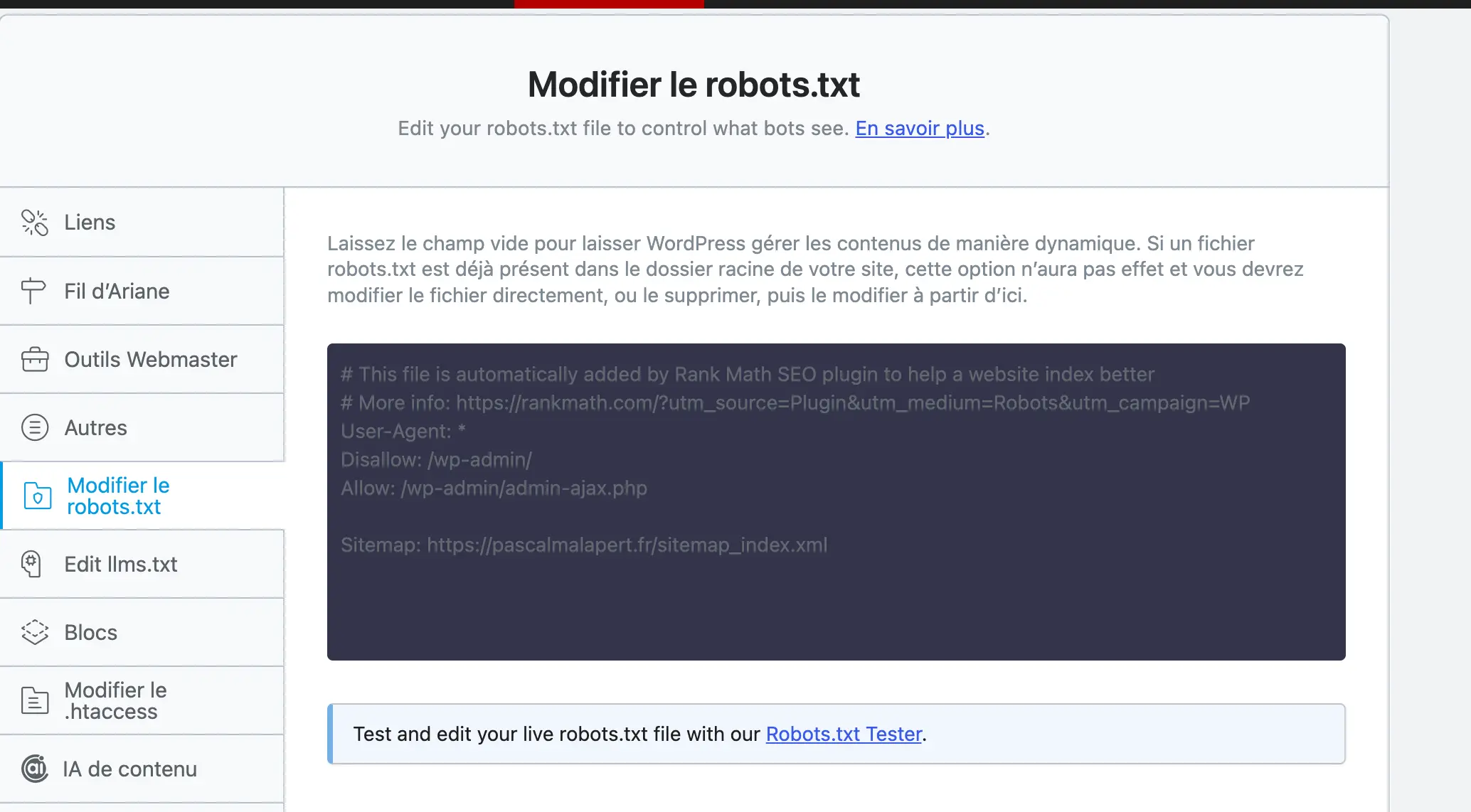 Onglet Modifier le robots.txt dans Rank Math, Réglages généraux, avec le champ texte des règles visible