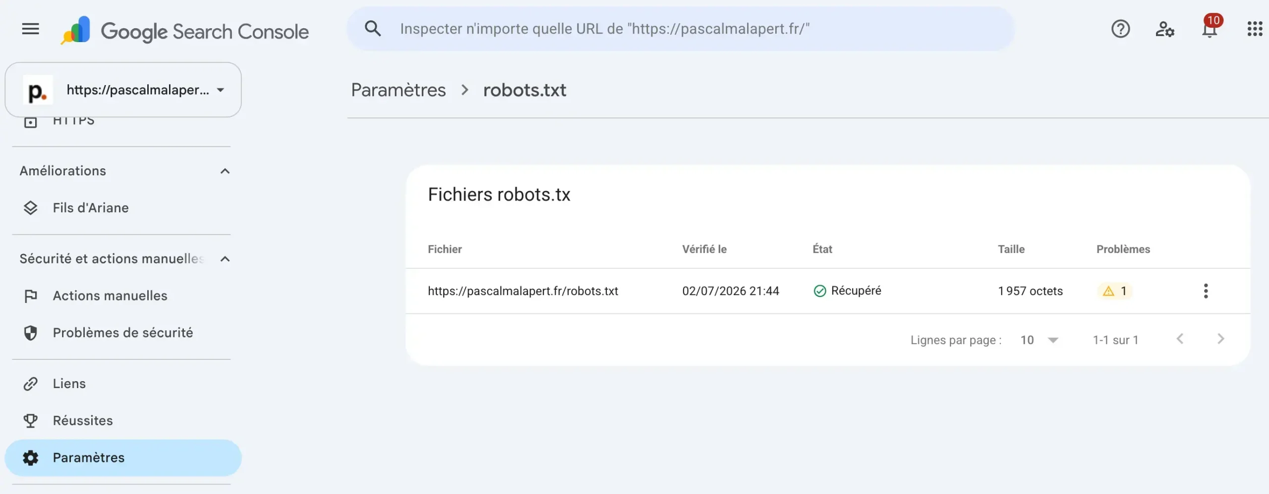 Rapport robots.txt dans Google Search Console, Paramètres puis Exploration, montrant la dernière version détectée et son statut