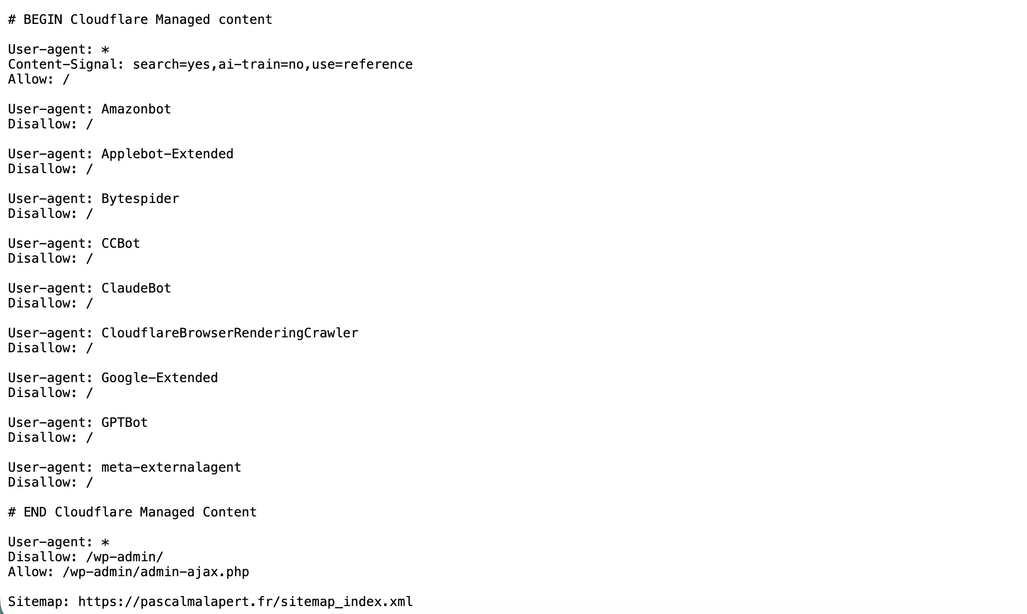 Fichier robots.txt WordPress ouvert dans un navigateur, montrant les règles Allow et Disallow ainsi que la ligne Sitemap
